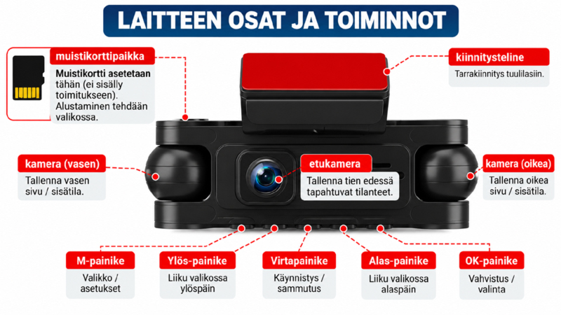 Podofo Autokamera 4 kameraa parkkivahdilla 2K UHD GPS WiFi