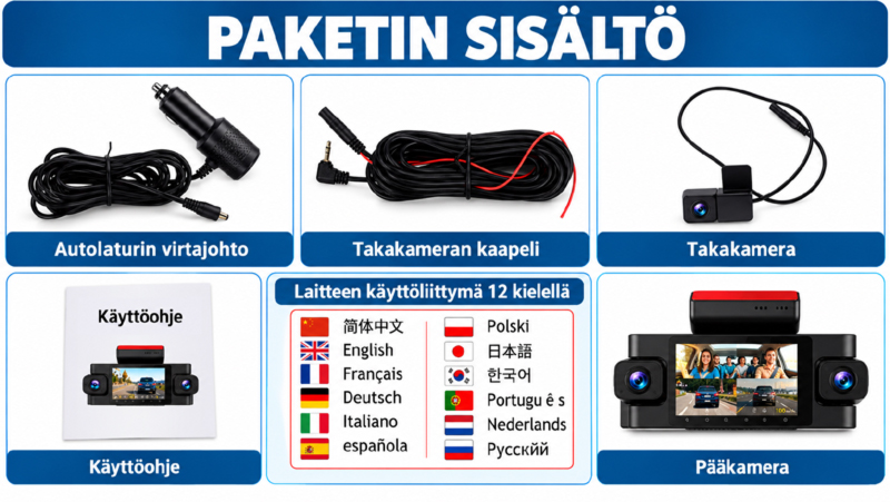 Podofo Autokamera 4 kameraa parkkivahdilla 2K UHD GPS WiFi