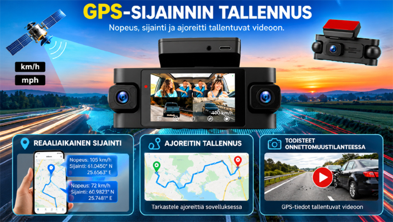 Podofo Autokamera 4 kameraa parkkivahdilla 2K UHD GPS WiFi